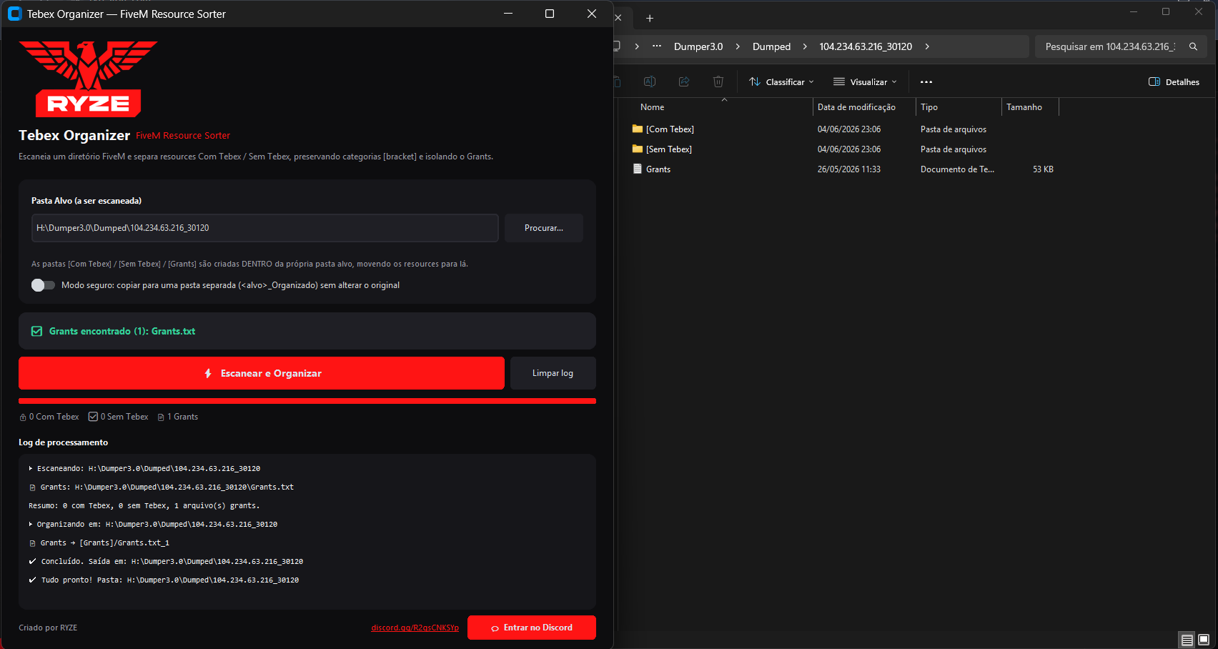 TebexOrganizer em funcionamento — separando resources em ComTebex e SemTebex